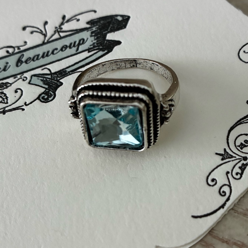 Silver-Tone Ring with Light Blue Square Gem